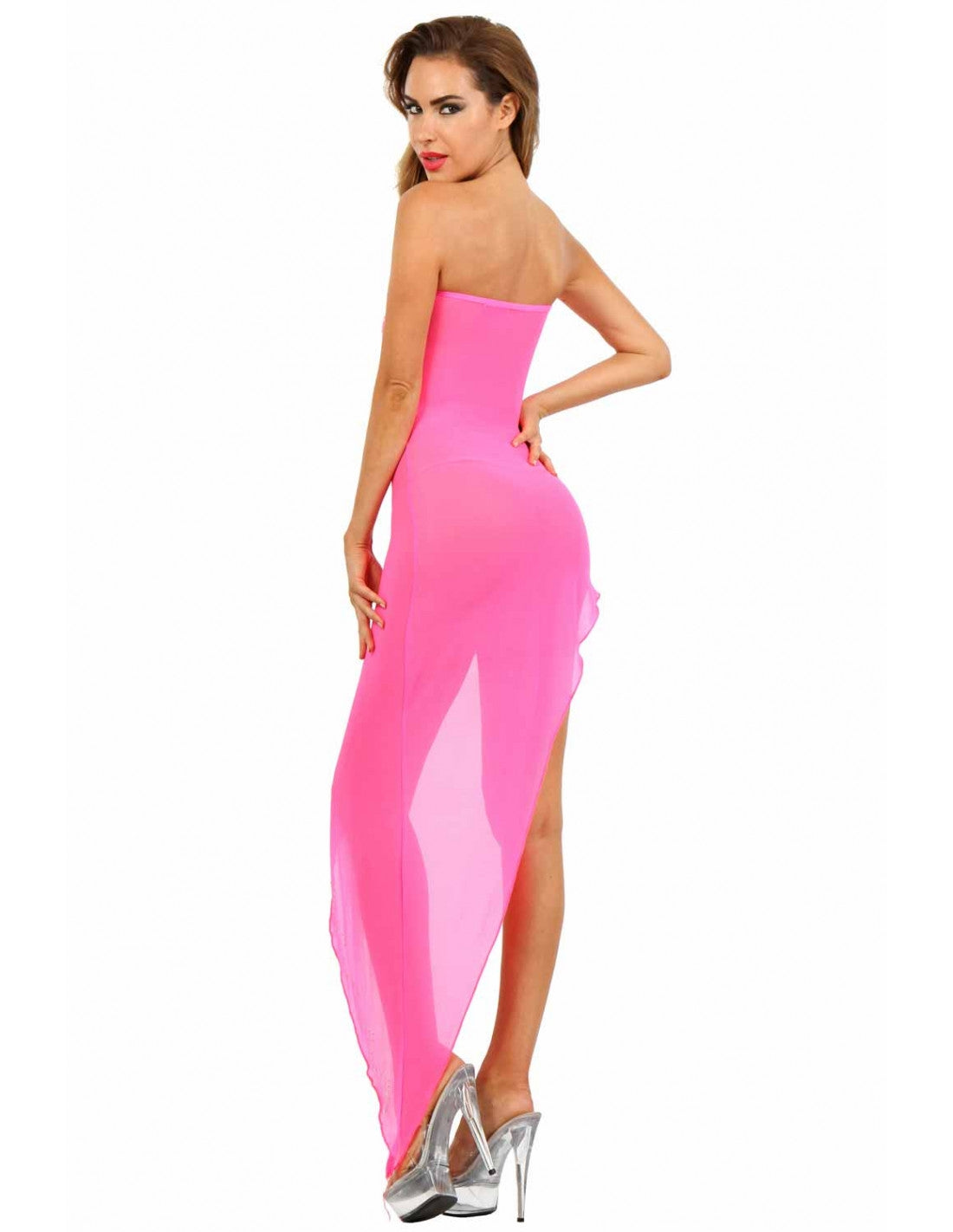 Robe bustier rose asymétrique micro résille strass