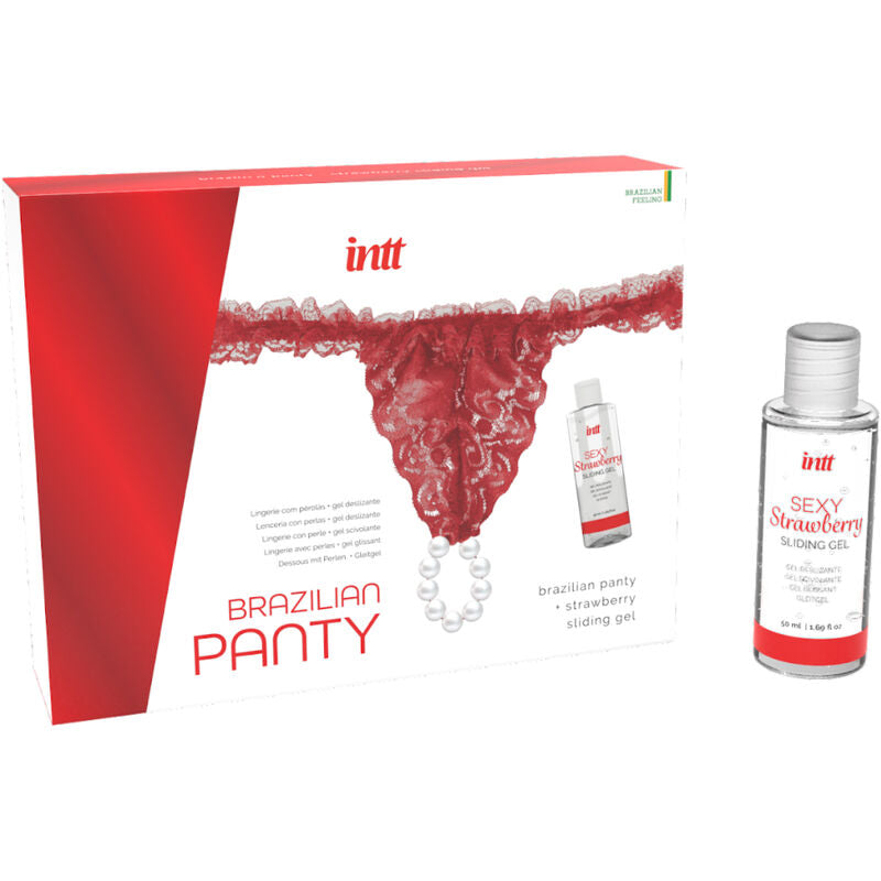 Culotte brésilienne rouge avec perles et gel lubrifiant - 50 ml