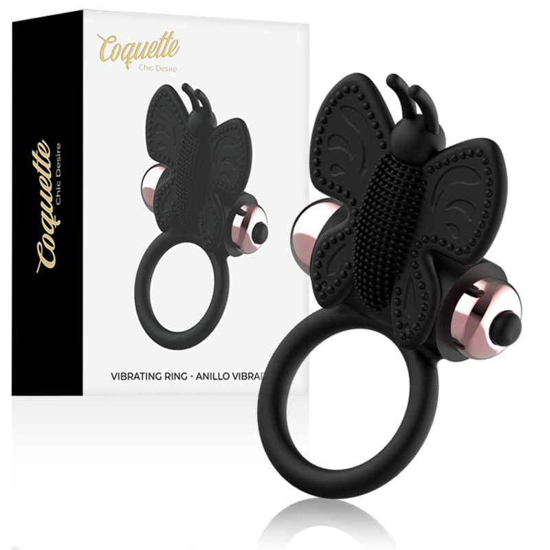 Coquette Chic Desire - Cockring Papillon Avec Vibrateur Noir/ Or - COQUETTE TOYS | sextoys, jouets sexuels pour hommes, accessoires de pénis, anneaux de pénis, cockring avec vibration | Dimensions : 62