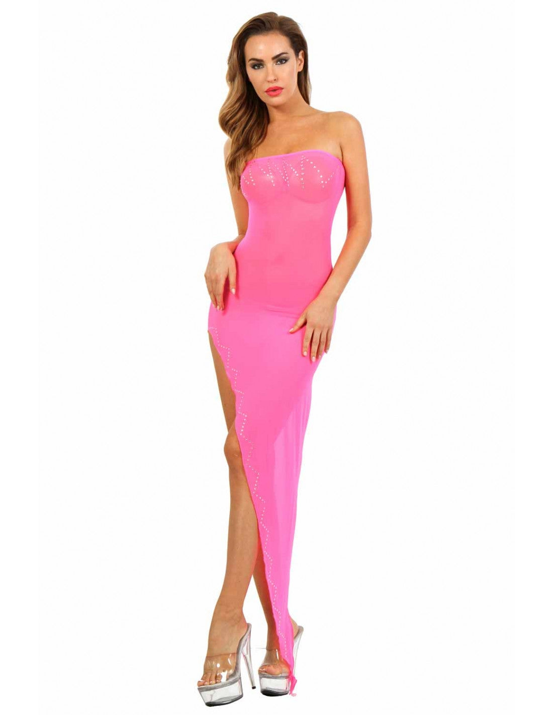 Robe bustier rose asymétrique micro résille strass