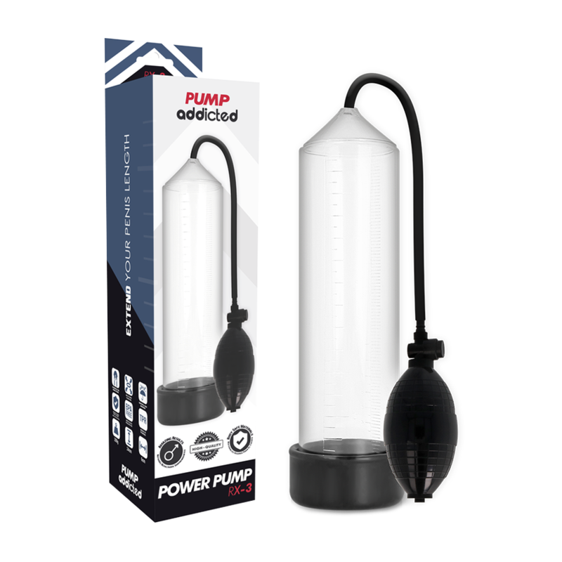 Pump Addicted - Rx3 Transparent - PUMP ADDICTED | sextoys, jouets sexuels pour hommes, accessoires de pénis, pénis agrandisseur pompe | Dimensions : 290
