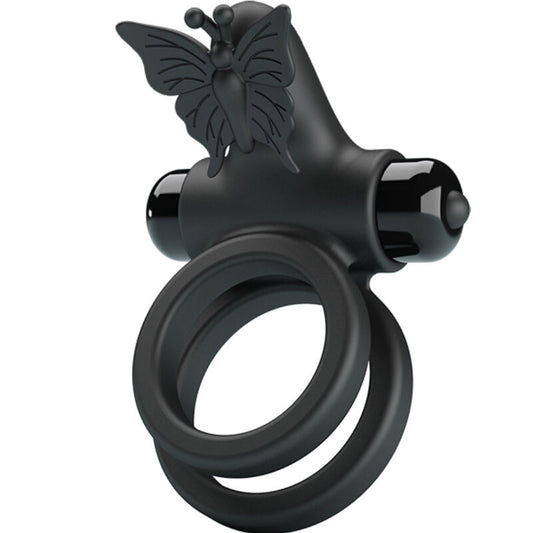 Pretty Love - Double Anneau Vibrant Avec Stimulateur Noir - PRETTY LOVE MALE | sextoys, jouets sexuels pour hommes, accessoires de pénis, anneaux de pénis, cockring avec vibration | Dimensions : 82