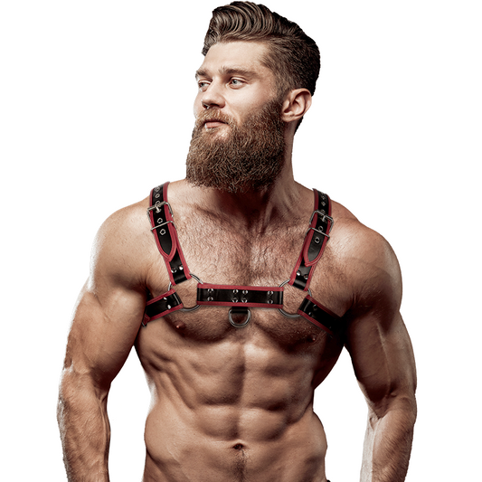 Fetish Submissive Attitude - Harnais De Poitrine En Éco-Cuir Pour Homme Noir/Rouge - FETISH SUBMISSIVE ATTITUDE | mode et lingerie, lingerie homme, harnais pour hommes | Dimensions : 414