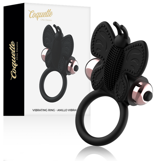 Coquette Chic Desire - Cockring Papillon Avec Vibrateur Noir/ Or - COQUETTE TOYS | sextoys, jouets sexuels pour hommes, accessoires de pénis, anneaux de pénis, cockring avec vibration | Dimensions : 62