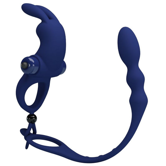 Pretty Love - Ayad Anneau Vibrateur Lapin Avec Plug Bleu - PRETTY LOVE MALE | sextoys, jouets sexuels pour hommes, accessoires de pénis, anneaux de pénis, anneaux avec prise | Dimensions : 178