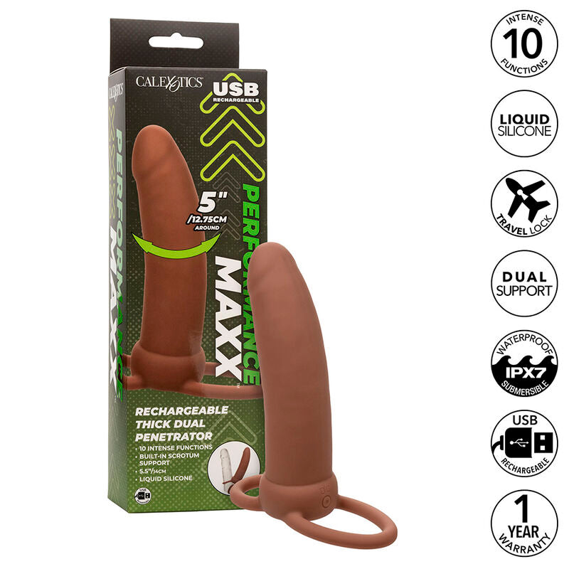 Calexotics - Maxx Thick Double Pénétrateur 10 Vibrations Marron - CALEXOTICS | sextoys, jouets sexuels pour hommes, accessoires de pénis, extenseur de pénis avec harnais | Dimensions : 300