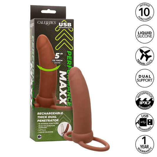 Calexotics - Maxx Thick Double Pénétrateur 10 Vibrations Marron - CALEXOTICS | sextoys, jouets sexuels pour hommes, accessoires de pénis, extenseur de pénis avec harnais | Dimensions : 300