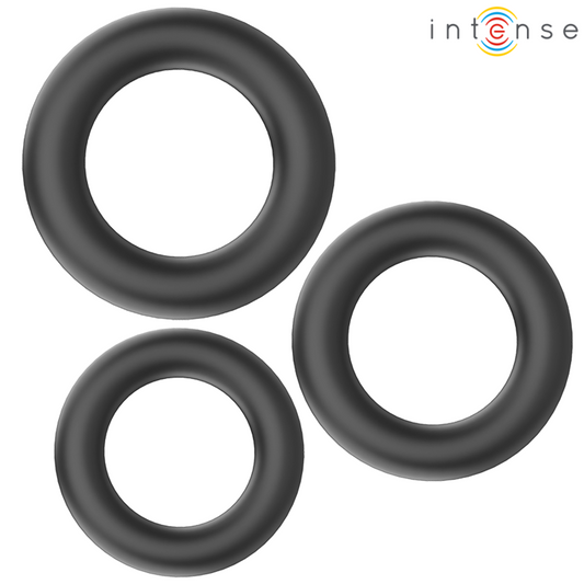 Intense - Hugh 3 Anneaux Pénis Basiques En Silicone Noirs - INTENSE COUPLES TOYS | sextoys, jouets sexuels pour hommes, accessoires de pénis, anneaux de pénis, cockrings sans vibration | Dimensions : 72