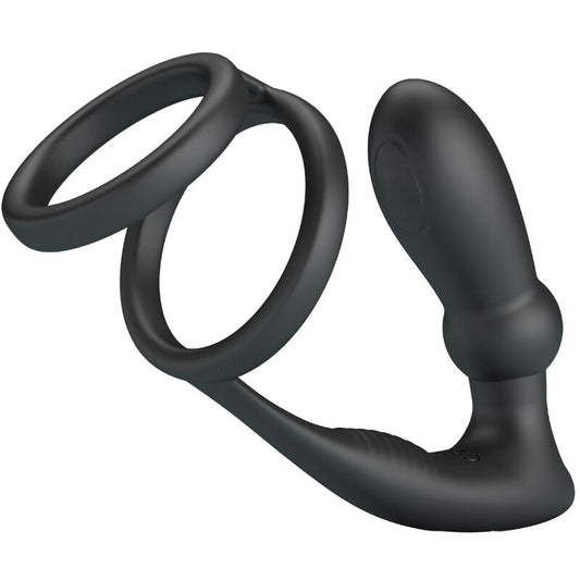 Pretty Love - Anneau Pénis Emoni + Plug Anal 12 Vibrations Noir - PRETTY LOVE | sextoys, jouets sexuels pour hommes, accessoires de pénis, anneaux de pénis, anneaux avec prise | Dimensions : 98