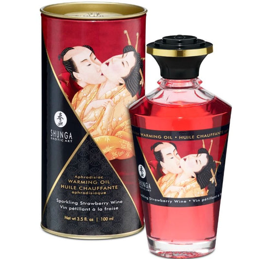 Shunga - Huile De Massage Effet Chaleur Fraises Et Cava 100 Ml - SHUNGA OILS | pharmacie, pour les massages, avec effet thermique | Dimensions : 290