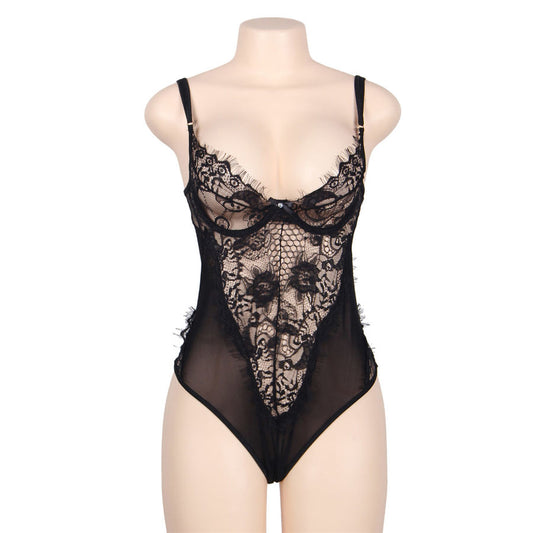 Subblime - Queen Plus Dentelle Florale Et Teddy Noir  Franges - SUBBLIME QUEEN PLUS SIZE | mode et lingerie, lingerie femme, lingerie sexy, bodys | Dimensions : 200