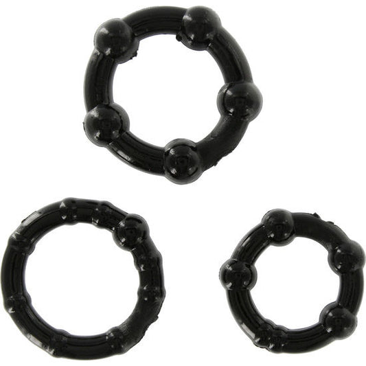 Seven Creations - Ensemble De Trois Anneaux Pénis Noir - SEVEN CREATIONS | sextoys, jouets sexuels pour hommes, accessoires de pénis, anneaux de pénis, cockrings sans vibration | Dimensions : 30