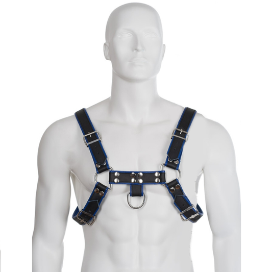 Leather Body - Harnais En Cuir Bleu Et Noir Poitrine Bulldog - LEATHER BODY | mode et lingerie, lingerie homme, harnais pour hommes | Dimensions : 545