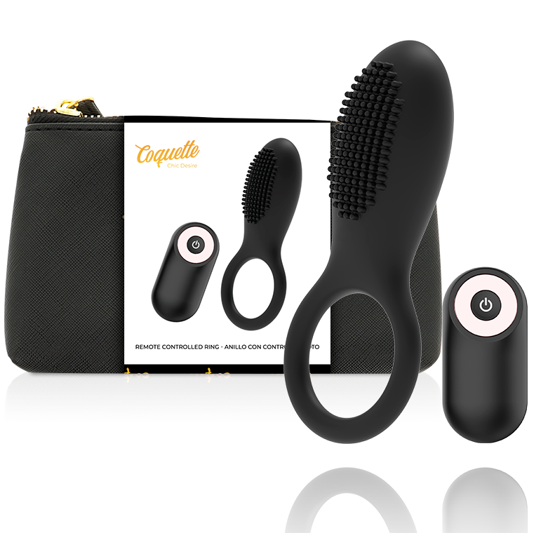 Coquette Chic Desire - Cockring Télécommande Rechargeable Noir/ Or - COQUETTE TOYS | sextoys, jouets sexuels pour hommes, accessoires de pénis, anneaux de pénis, cockring avec vibration | Dimensions : 112