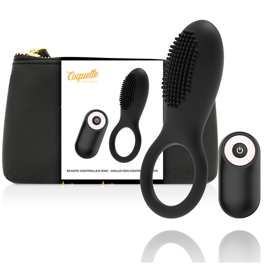 Coquette Chic Desire - Cockring Télécommande Rechargeable Noir/ Or - COQUETTE TOYS | sextoys, jouets sexuels pour hommes, accessoires de pénis, anneaux de pénis, cockring avec vibration | Dimensions : 112